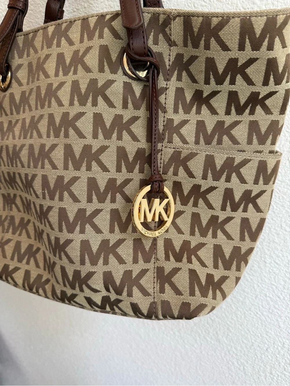 Michael Kors Brown MK Logo Tote with Dark Brown Leather Straps